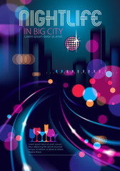 Night city life with street lamps and bokeh blurred lights. Effect vector beautiful background. Blur colorful dark background with cityscape, buildings silhouettes skyline. 