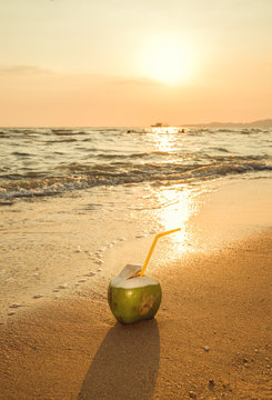 Coconut on the beach, in the waves. Sunset.