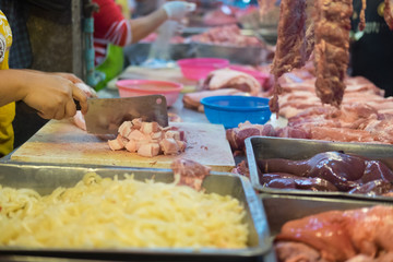 Fresh raw meat, sliced pork at the morning market