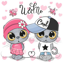 Kittens boy and girl on a hearts background