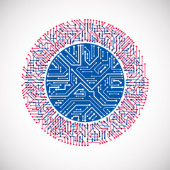Vector abstract colorful technology illustration with round blue and magenta circuit board. High tech circular digital scheme of electronic device.
