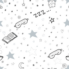 Seamless pattern with moon and stars sleeping bedtime elements sleeping mask book clock cup of tea doodle - 205891736