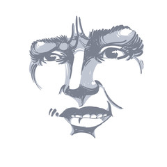 Vector drawing of distrustful woman, face features. Black and white portrait of doubter lady, do not lie to me.