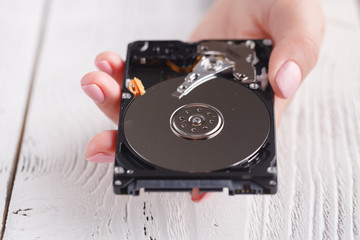 Obraz premium Female with a hard disk HDD in the hands