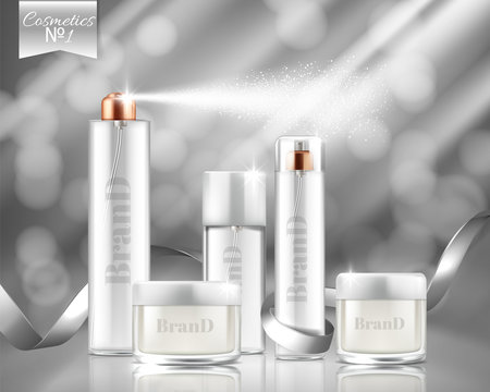 Vector 3f realistic promotion banner with glass sprays, jars of cosmetic, gel, cream. Transparent bottles isolated on background. Skincare, beauty product for skin treatment. Mockup, template