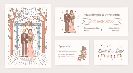 Collection of Save The Date card, wedding party invitation and response note templates with cartoon bride and groom on white background. Colorful vector illustration for in modern line art style.