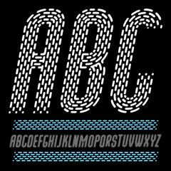 Vector condensed funky capital English alphabet letters, abc collection. Rounded bold italic retro font, typescript can be used as logo design element. Made using rhythmic strokes and dashed lines.