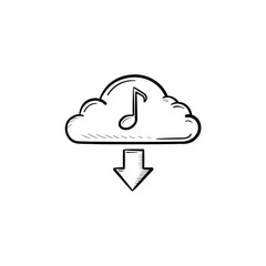 Cloud music concept hand drawn outline doodle icon. Note on a cloud as a symbol of audio files download vector sketch illustration for print, web, mobile and infographics isolated on white background.