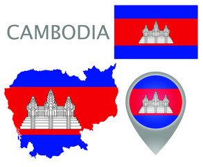 Colorful flag, map pointer and map of Cambodia in the colors of the Cambodian flag. High detail. Vector illustration