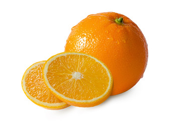 One whole wet orange and two slices isolated on white background. Citrus fruits