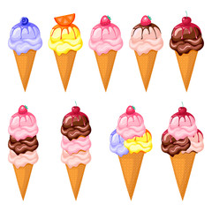 Multicolored fruit ice cream set on white background