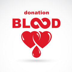 Blood donation inscription isolated on white and created with vector red blood drops, heart shape and infinity symbol. Medical theme graphic logo for use in charitable organizations.