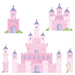 Fototapeta premium Beautiful Pink Fairy Tale Fantasy Castle Tower Design Set Flat Vector Illustration Isolated on White