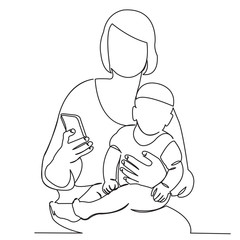 Mom with child on hands is calling by phone