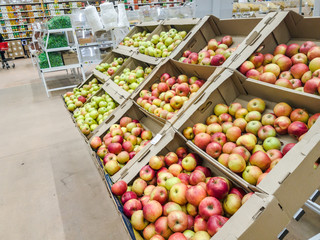 Fruit market with various colorful fresh fruits and vegetables