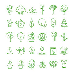 Plant, planting, seed and trees line vector icons. Sprout growing symbols