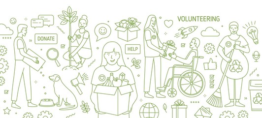 Horizontal banner with smiling young men and women volunteering or doing volunteer work drawn with green contour lines on white background. Monochrome vector illustration in modern lineart style.