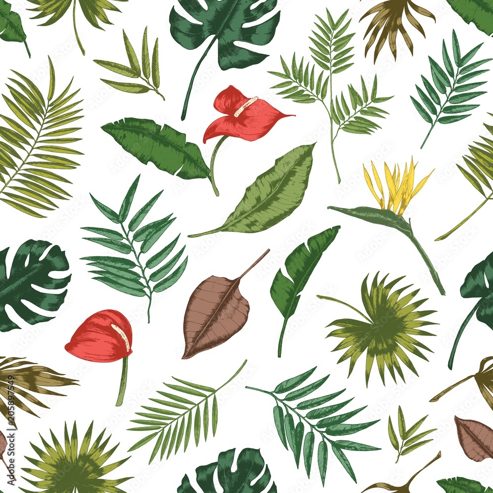 Poster gorgeous botanical seamless pattern with tropical foliage. backdrop with leaves of jungle plants and
