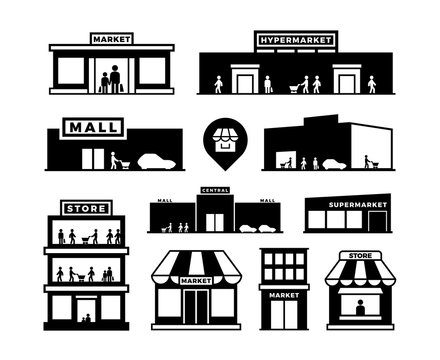Shopping mall buildings icons. Store exteriors with people pictograms. Shop houses with shoppers vector symbols isolated