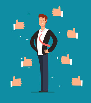 Cartoon Proud Employee With Many Thumbs Up Hands Of Businessmen. Business Recognition Vector Concept