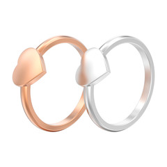 3D illustration isolated rose gold and silver engagement wedding heart rings