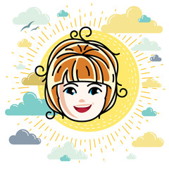 Caucasian type girl face expressing positive emotions, vector human head illustration. Beautiful redhead happy child with stylish haircut.