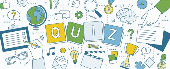 Horizontal banner with hands of people solving puzzles, playing intellectual game and answering smart quiz questions. Test of intelligence or intellect. Colorful vector illustration in line art style. - obrazy, fototapety, plakaty