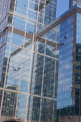 Obraz premium Industrial climbers wash the facade of modern high-rise building