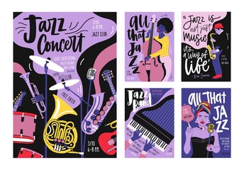Obraz premium Bundle of poster, invitation and flyer templates for jazz music festival, concert, party with musical instruments, musicians and singers. Vector illustration in modern trendy hand drawn cartoon style.