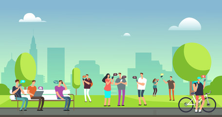 Fototapeta premium Young people using smartphones and tablets walking outdoors in park. Mobile internet addiction vector concept