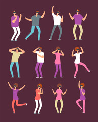 Cartoon people with virtual reality equipment. Men and women in vr headset playing cyber battle game