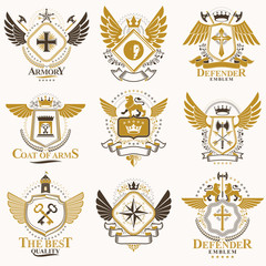 Collection of vector heraldic decorative coat of arms isolated on white and created using vintage design elements, monarch crowns, pentagonal stars, armory, wild animals.