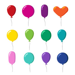 Color rubber flying cartoon balloons with string vector set isolated on white background