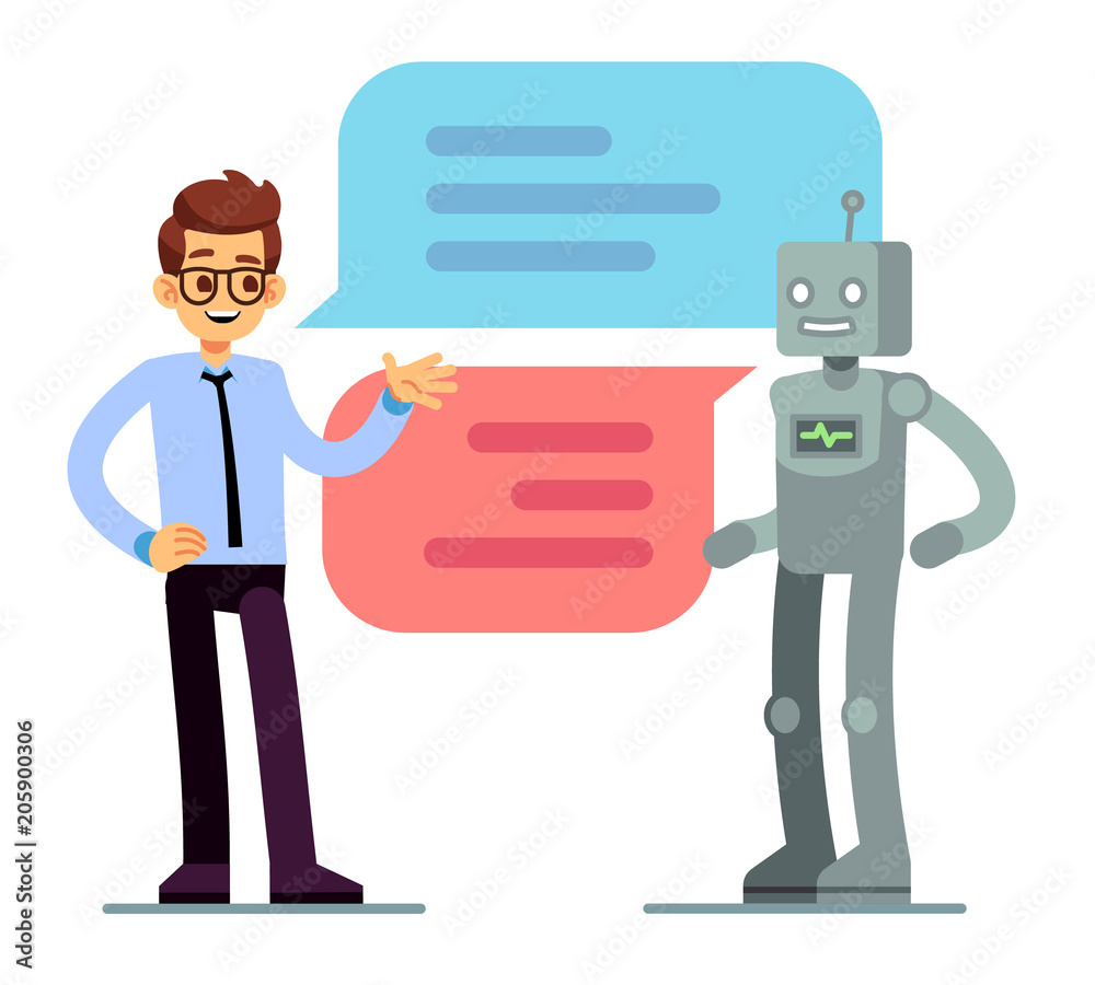 Poster man chatting and asking for help bot. chatbot vector concept