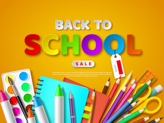 Back to school sale poster with realistic school supplies. Paper cut style letters on yellow background. Vector illustration.