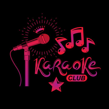 Nightclub karaoke advertising poster composed with stage or recorder microphone vector illustration and musical notes. Superstar performance advertising announcement.
