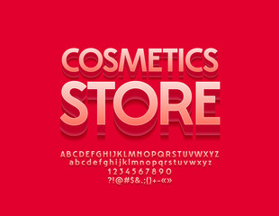 Vector bright Label with text Cosmetics Store. Set of Chic Red Alphabet Letters, Numbers and Punctuation Symbols.