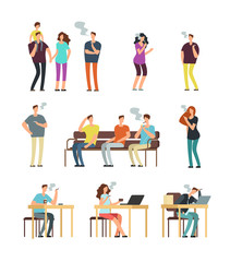 Passive cigarette smoking, smoke pollution. Unhealthy people smokers cartoon minimal characters set