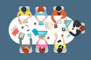 Managed team in office meeting at table top view vector illustration. Teamwork concept