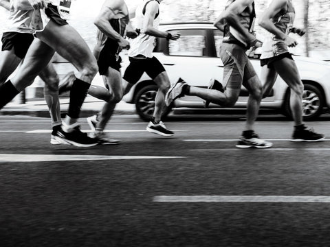 Group Men Runners Running Street On Marathon Black-and-white Image
