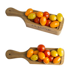 Colorful cherry tomatoes isolated on white in wooden box  for your design