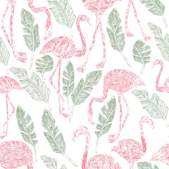 Pencil flamingo palm leaves seamless pattern