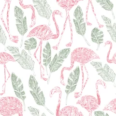 Foto op Plexiglas Flamingo Potlood flamingo palmbladeren naadloos patroon
