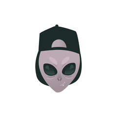 Friendly alien head in human cap - extraterrestrial humanoid smiling face with big deep black eyes isolated on white background. Cartoon vector illustration of UFO inhabitant