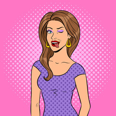 Beauty girl wink with tongue pop art vector