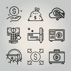 Outline money 9 vector icons set. 9 icons page symbol for your web site design. logo, app, ui, illustration, eps10