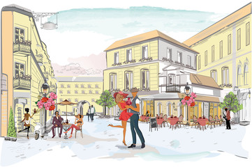 Series of the street cafes with people, men and women, in the old city, vector illustration. Romantic couple.
