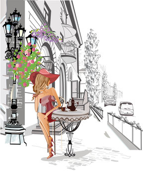 Series of the street cafes with people, men and women, in the old city, vector illustration. Girl in a red hat.