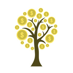 Naklejka na ściany i meble Money tree with dollar coins growing on its branches. Vector illustration on white background