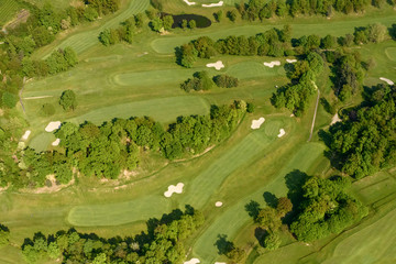 aerial of springtime green on golf course, Italy